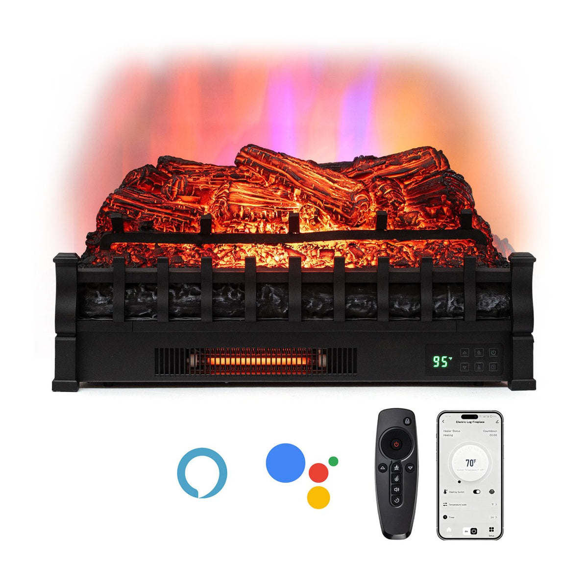 26 Inch WiFi Infrared Quartz Electric Fireplace Insert Logs Heater with Realistic Pinewood Logs-Black