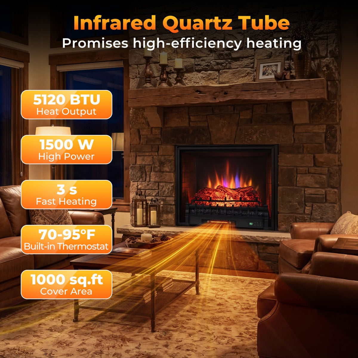 26 Inch WiFi Infrared Quartz Electric Fireplace Insert Logs Heater with Realistic Pinewood Logs-Black view 6