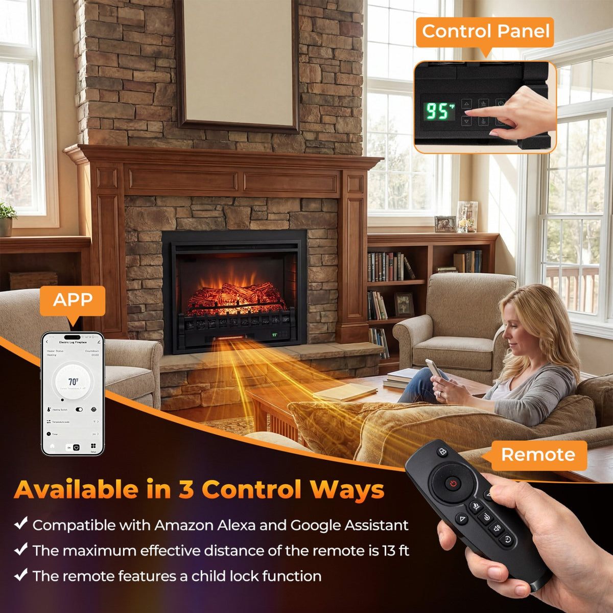 26 Inch WiFi Infrared Quartz Electric Fireplace Insert Logs Heater with Realistic Pinewood Logs-Black view 8