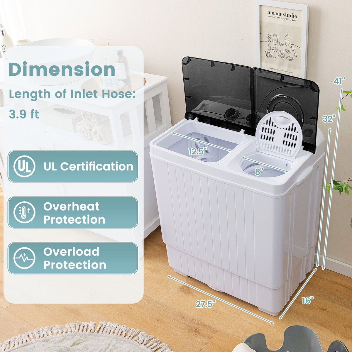 26 lbs Semi-Automatic Twin Tub Washing Machine with Drain Pump-Black view 5