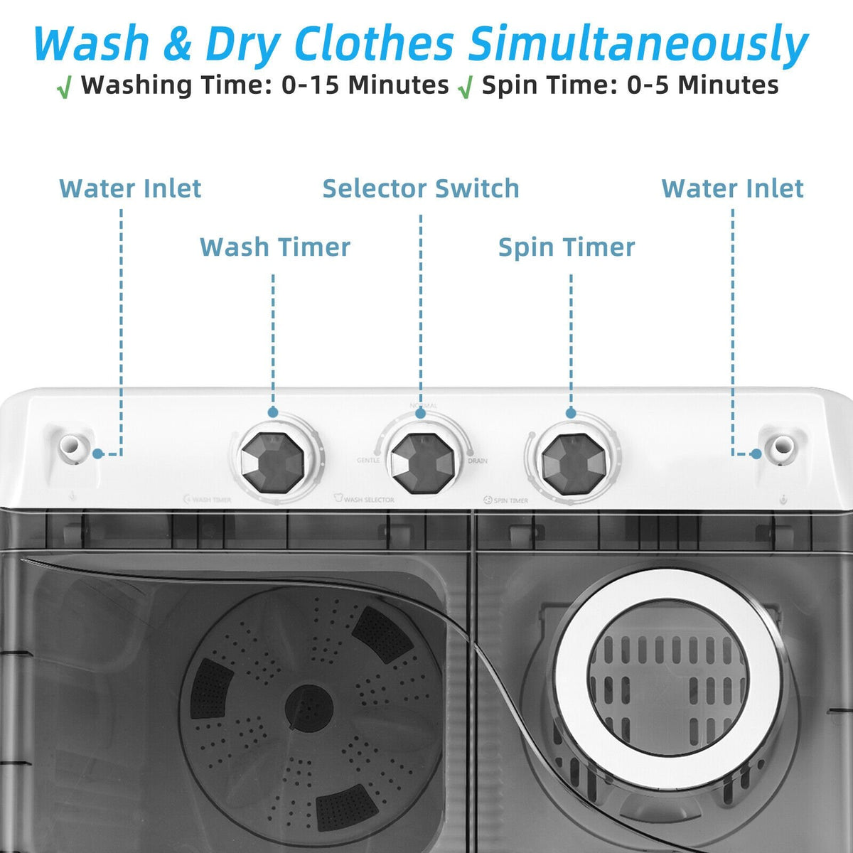 26 LBS Twin Tub Portable Washing Machine with Built-In Drain Pump-Gray view 8