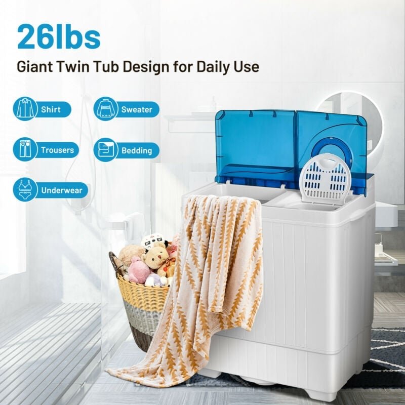26 Pound Portable Semi-Automatic Washing Machine with Built-in Drain Pump-Blue view 7