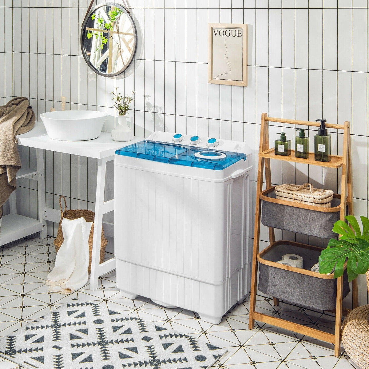 26lbs Portable Semi-Automatic Twin Tub Washing Machine with Drain Pump-Blue view 2