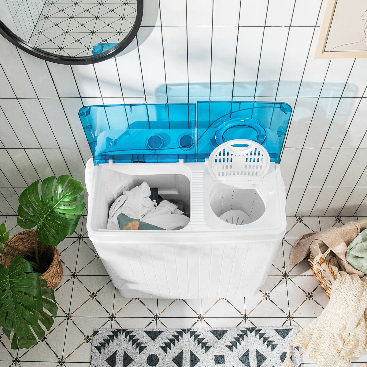 26lbs Portable Semi-Automatic Twin Tub Washing Machine with Drain Pump-Blue view 6