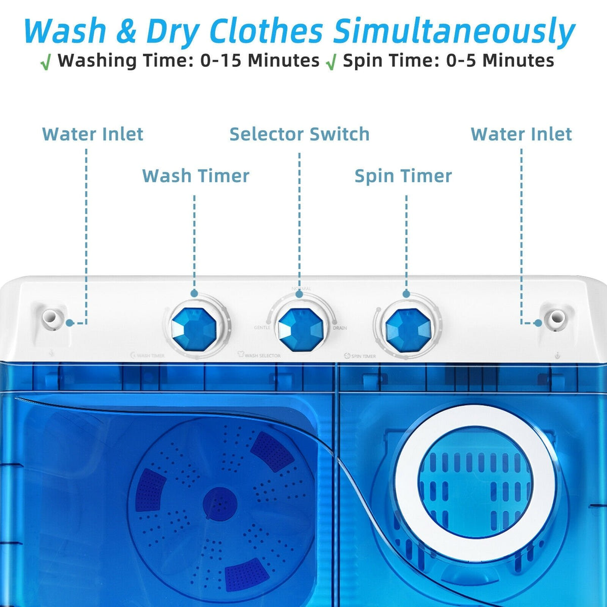 26lbs Portable Semi-Automatic Twin Tub Washing Machine with Drain Pump-Blue view 9