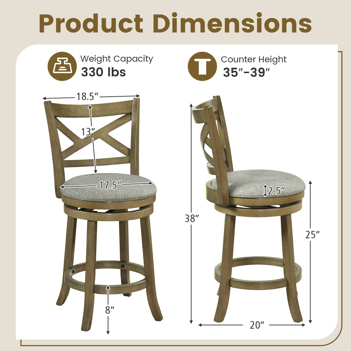 25/30 Inch Swivel Bar Stools Set of 2 with Backrests and Wood Frame-25 inches view 4