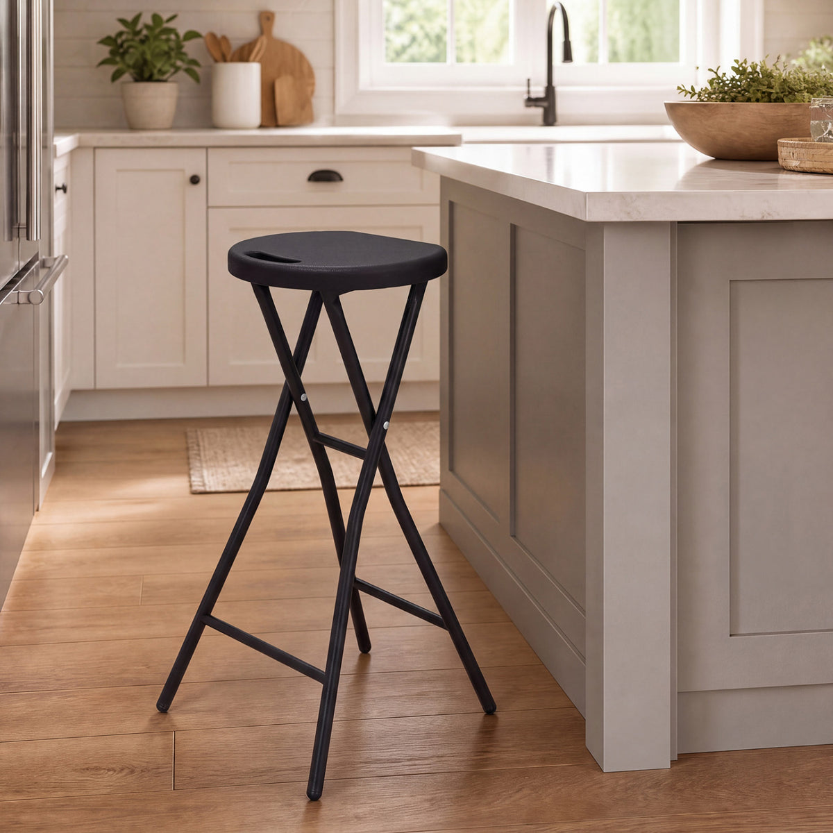 27.5 inches Folding Bar Stool with HDPE Seat & Carry Handle for Kitchen Bar Fishing-Black view 3