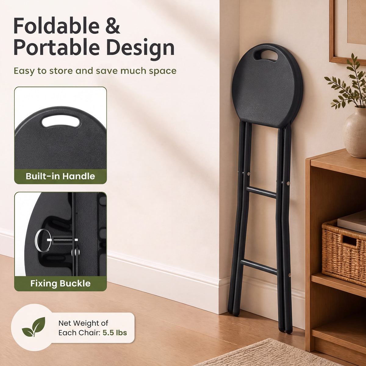 27.5 inches Folding Bar Stool with HDPE Seat & Carry Handle for Kitchen Bar Fishing-Black view 8