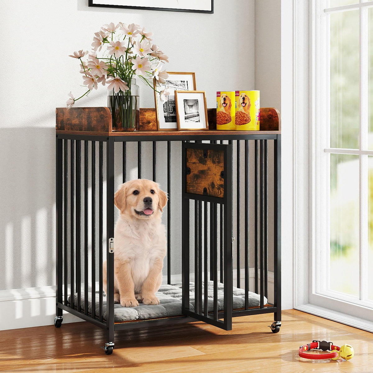 27.5 Inch Dog Crate Furniture with Wheels for Small Dogs and Puppies-Rustic Brown view 3