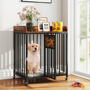 27.5 Inch Dog Crate Furniture with Wheels for Small Dogs and Puppies-Rustic Brown view 3