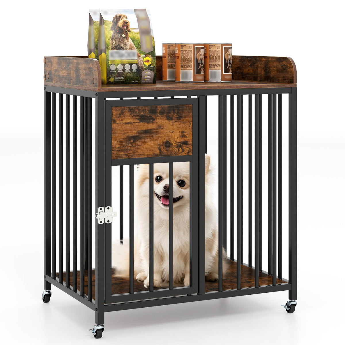 27.5 Inch Dog Crate Furniture with Wheels for Small Dogs and Puppies-Rustic Brown view 4
