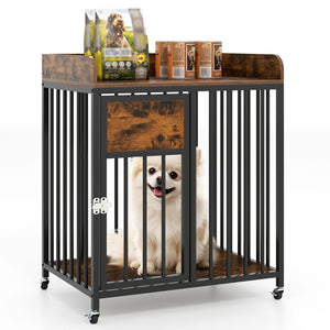 27.5 Inch Dog Crate Furniture with Wheels for Small Dogs and Puppies-Rustic Brown view 4