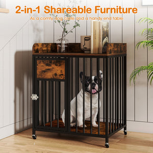 27.5 Inch Dog Crate Furniture with Wheels for Small Dogs and Puppies-Rustic Brown view 8