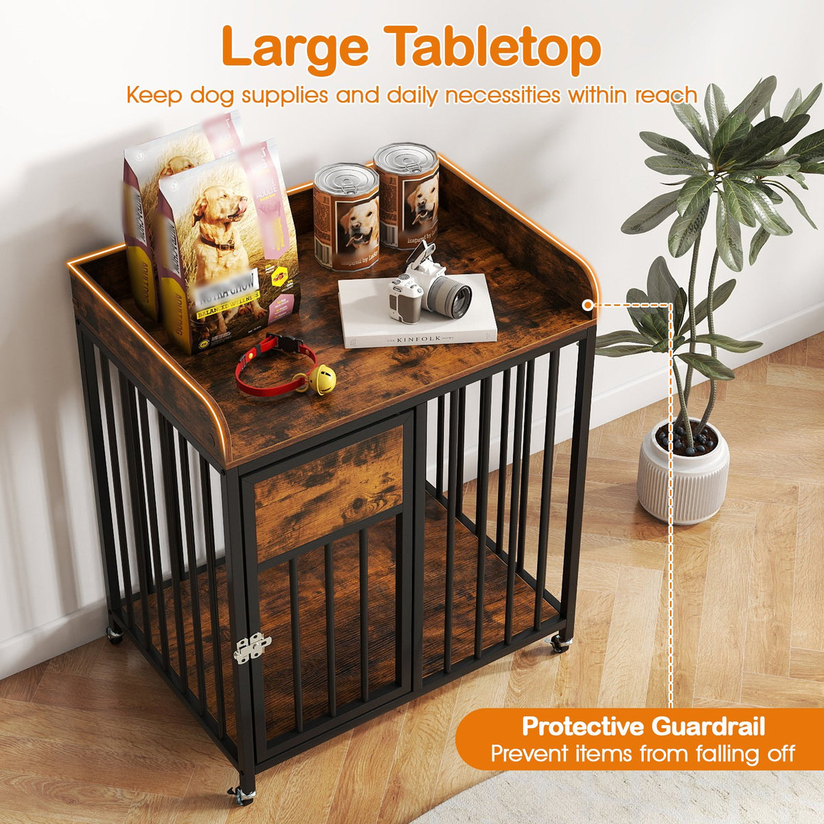 27.5 Inch Dog Crate Furniture with Wheels for Small Dogs and Puppies-Rustic Brown view 9