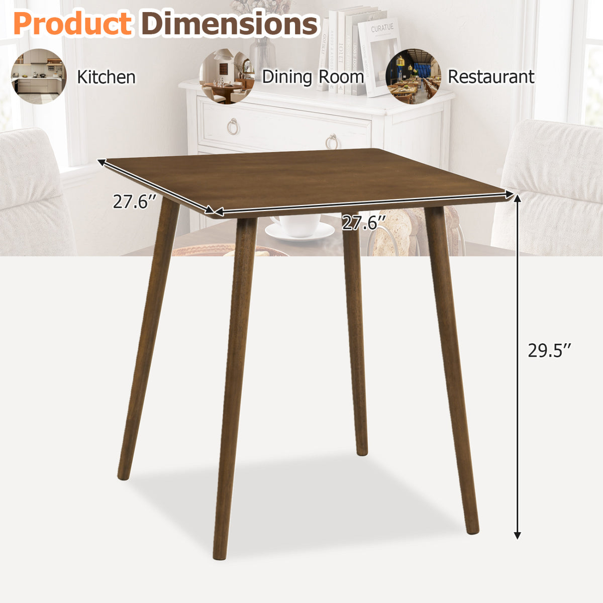 27.5 Inch Small Square Wooden Dining Table for 2-4 People Space-Saving Dining Room Table-Walnut view 5