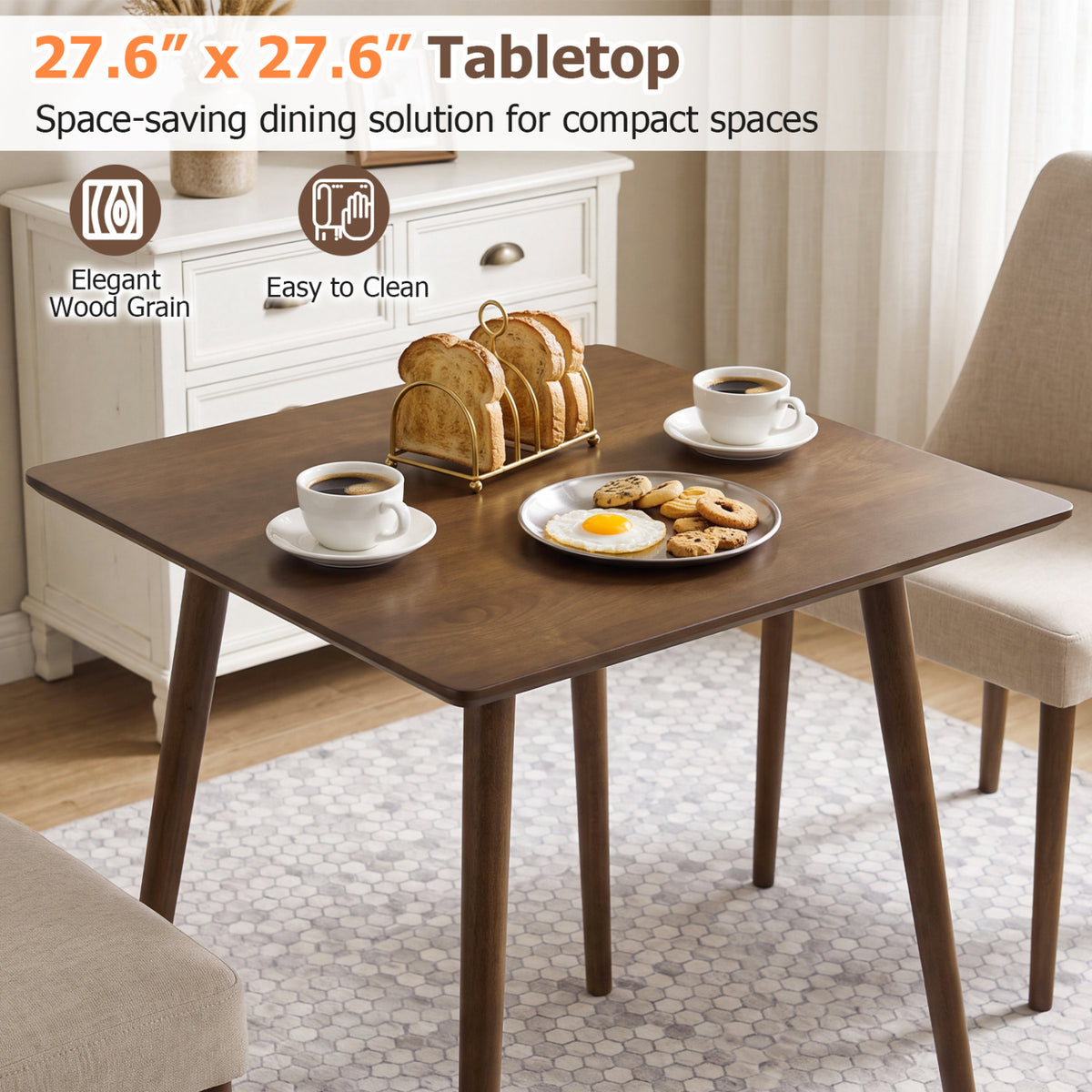 27.5 Inch Small Square Wooden Dining Table for 2-4 People Space-Saving Dining Room Table-Walnut view 8