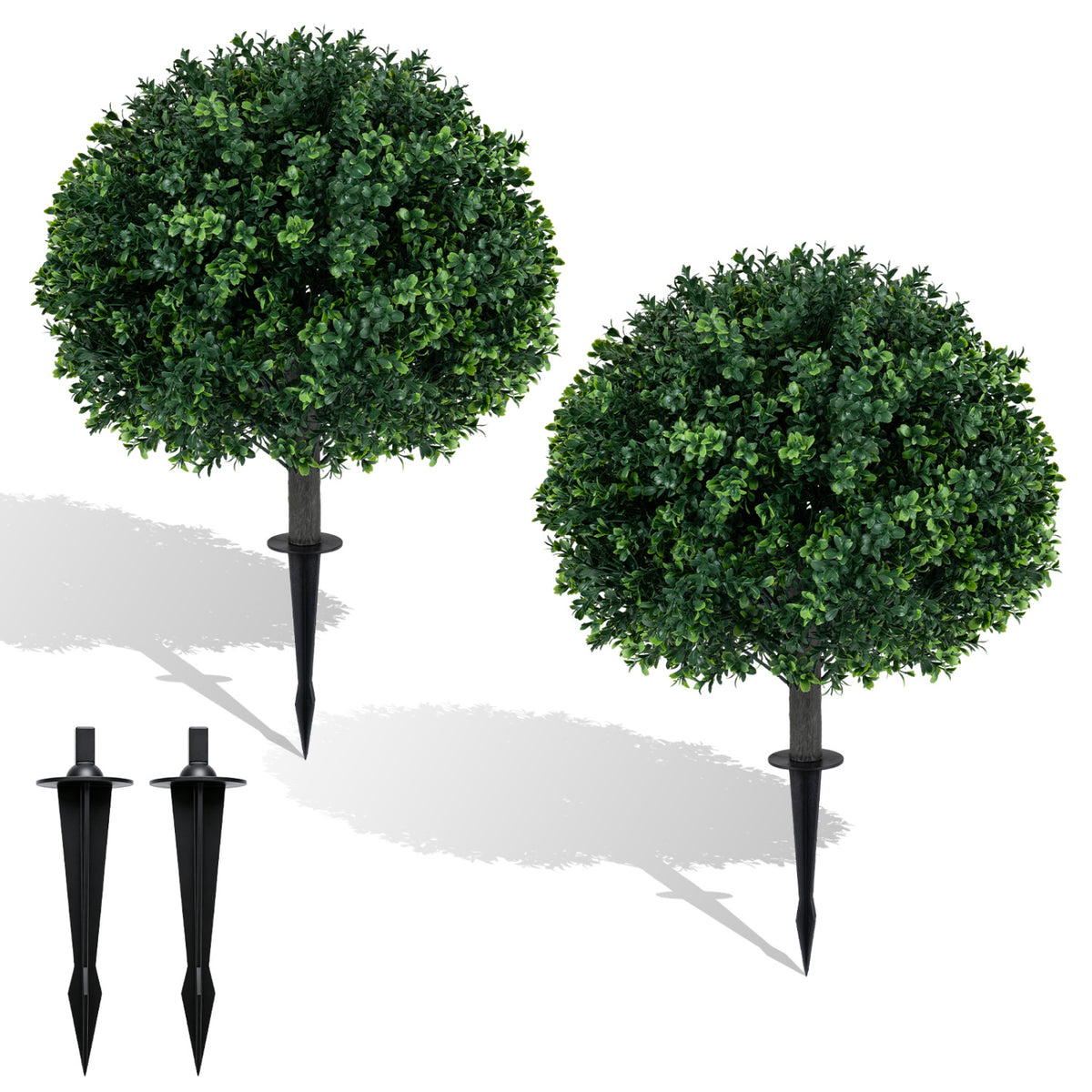 27 inches Artificial Boxwood Topiary Trees Set of 2 with Ground Spikes for Porch Patio