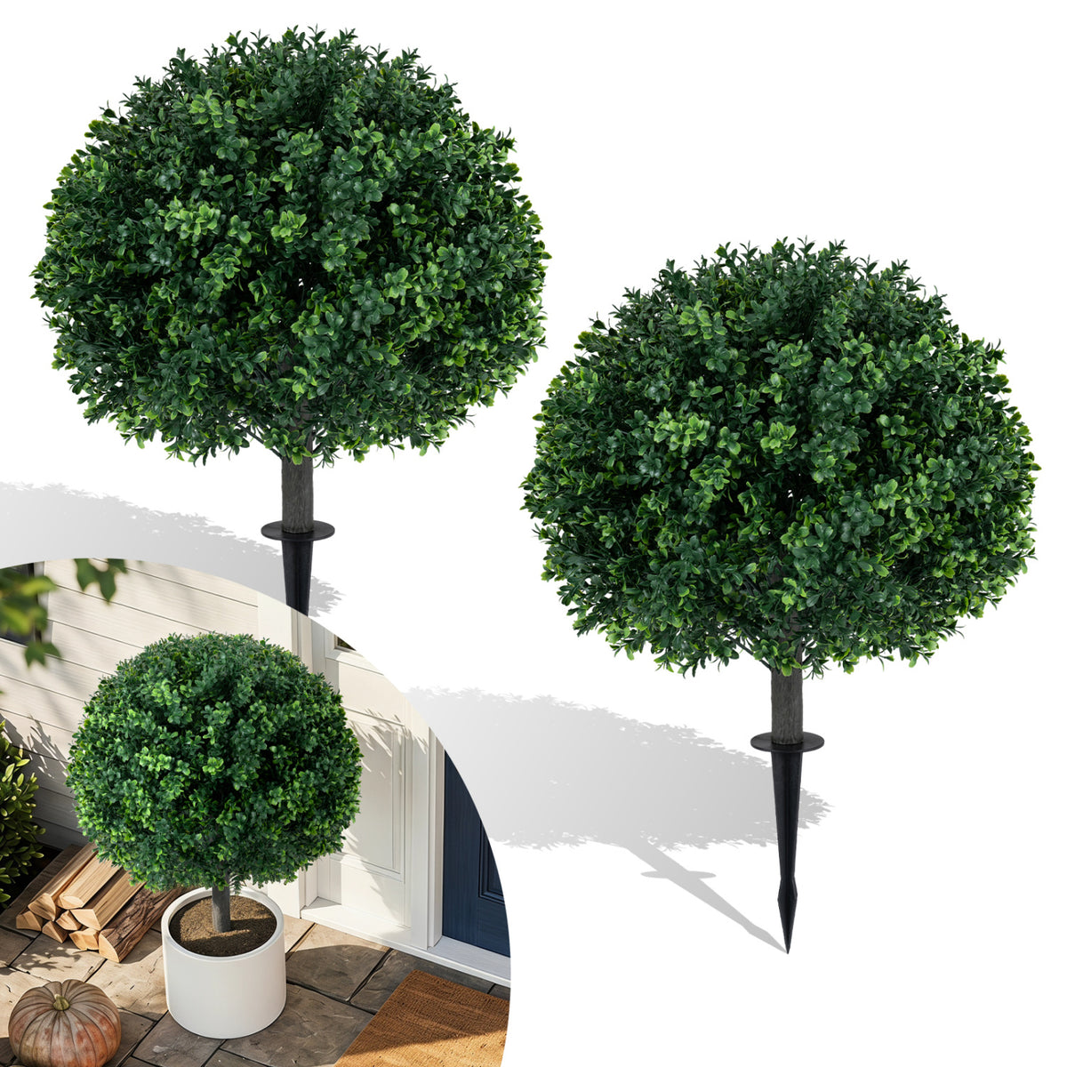 27 inches Artificial Boxwood Topiary Trees Set of 2 with Ground Spikes for Porch Patio view 4