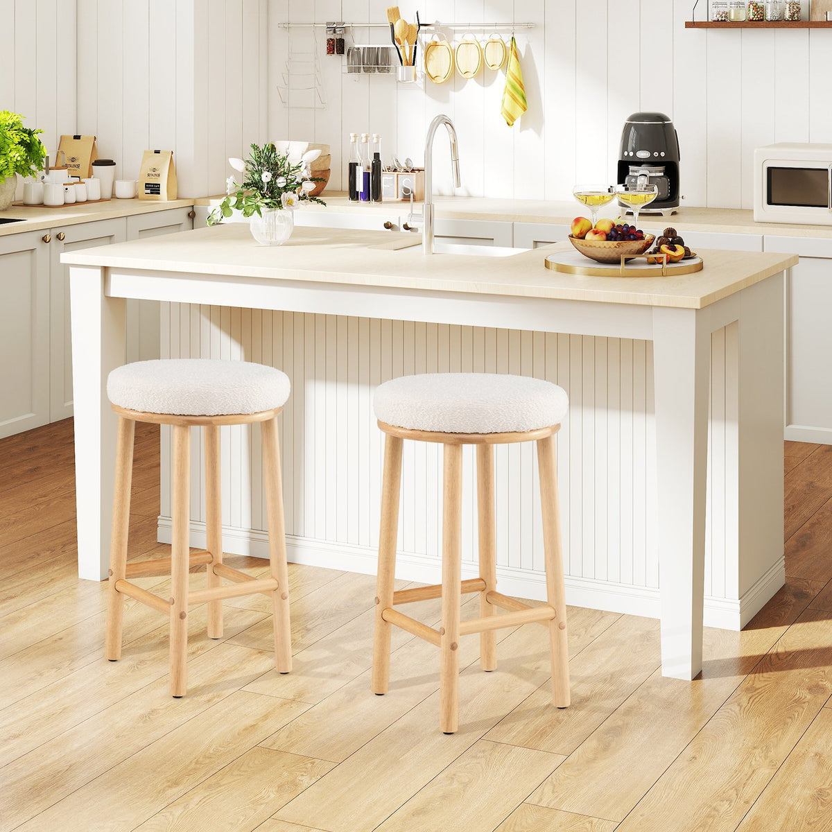 27 inches Bar Stools Set of 2 Upholstered Barstools with Boucle Fabric Seats-White view 3
