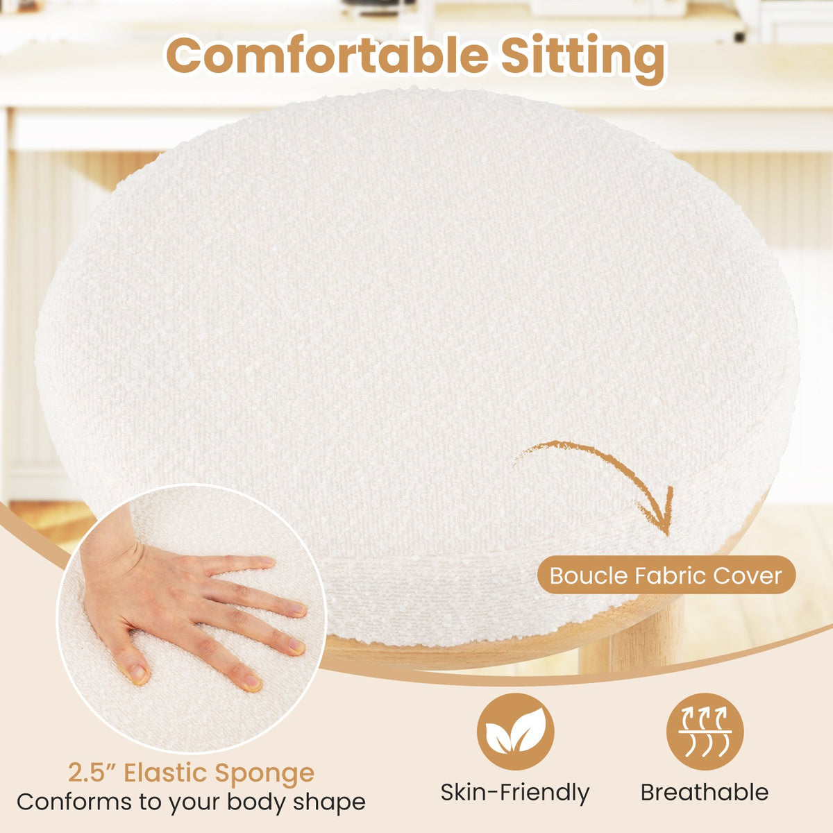 27 inches Bar Stools Set of 2 Upholstered Barstools with Boucle Fabric Seats-White view 5