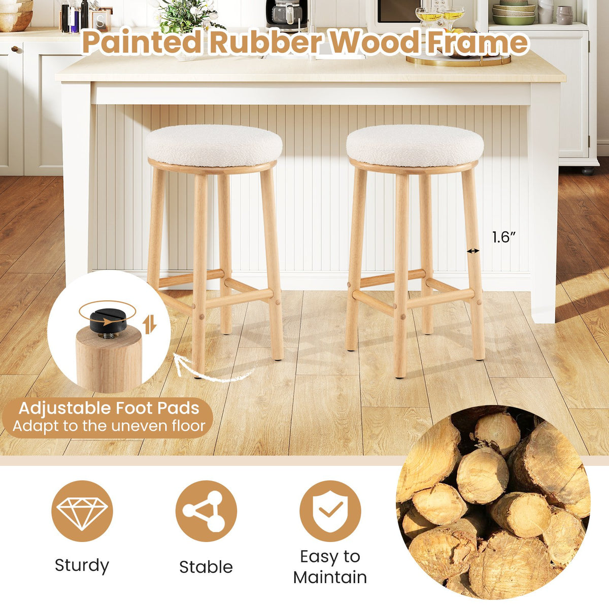 27 inches Bar Stools Set of 2 Upholstered Barstools with Boucle Fabric Seats-White view 6