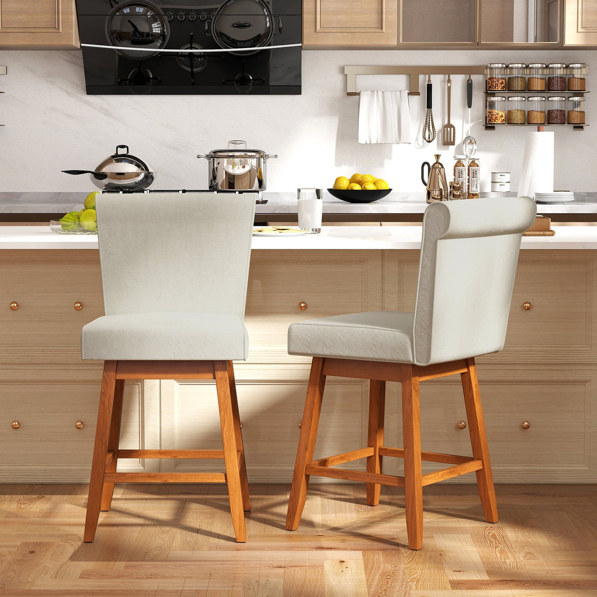 27 Inch Counter Height Bar Chairs with Rubber Wood Legs Set of 2-Beige view 2