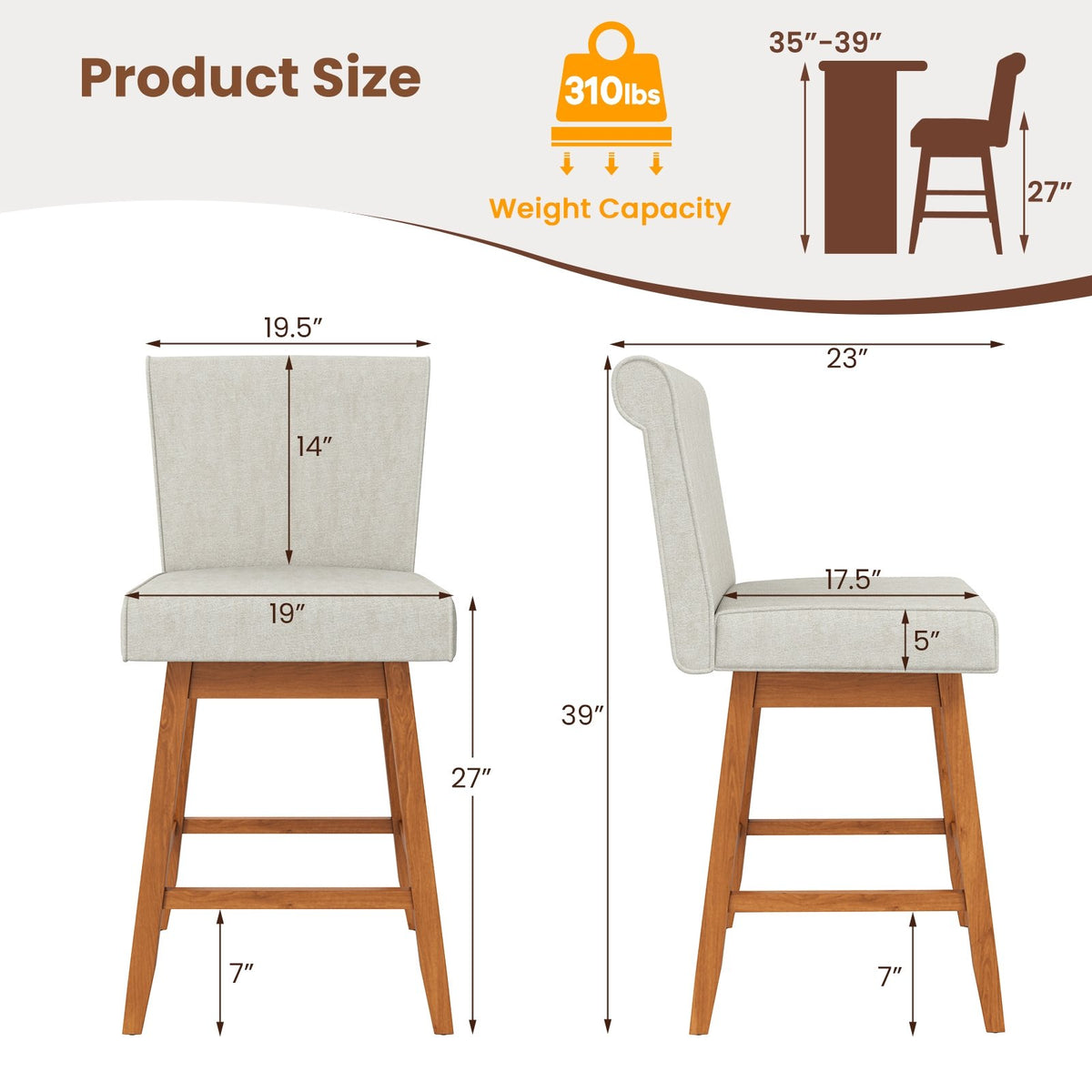 27 Inch Counter Height Bar Chairs with Rubber Wood Legs Set of 2-Beige view 4