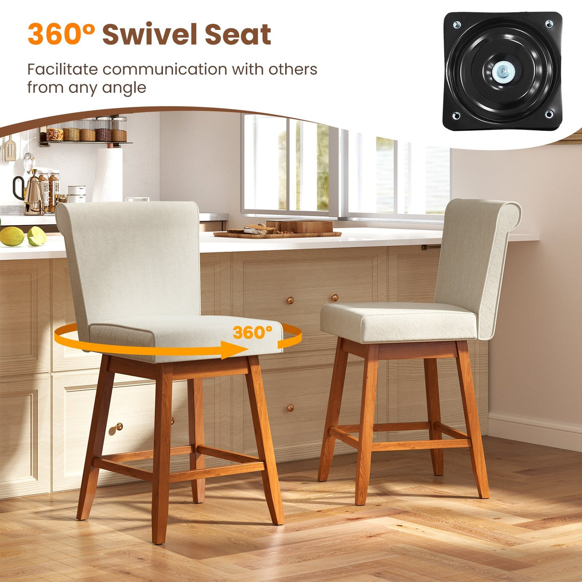 27 Inch Counter Height Bar Chairs with Rubber Wood Legs Set of 2-Beige view 6