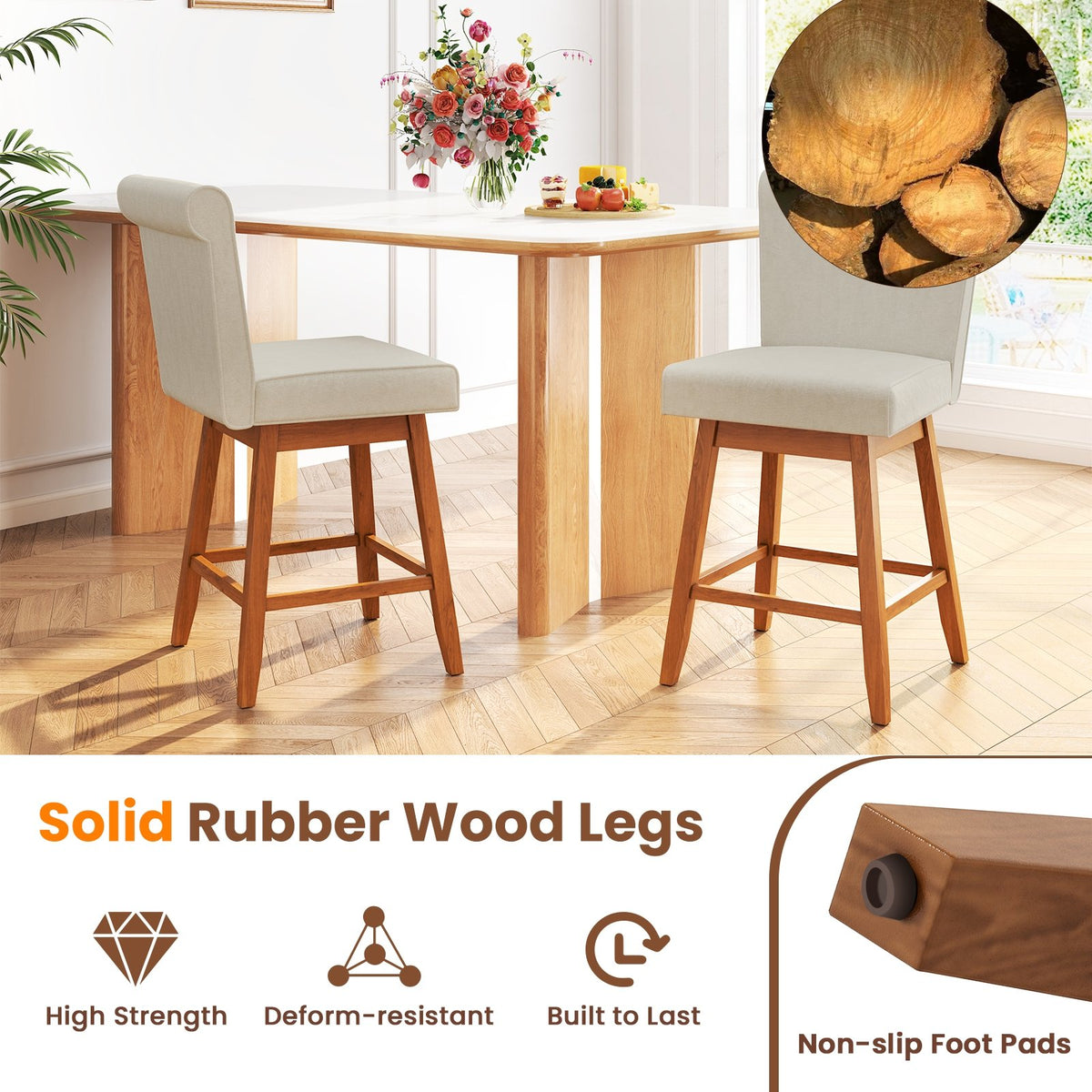 27 Inch Counter Height Bar Chairs with Rubber Wood Legs Set of 2-Beige view 8