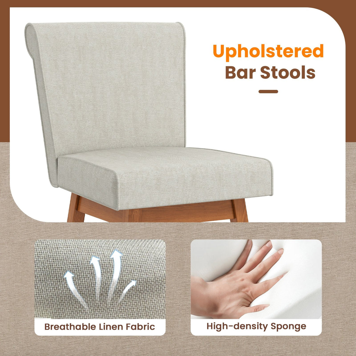 27 Inch Counter Height Bar Chairs with Rubber Wood Legs Set of 2-Beige view 9