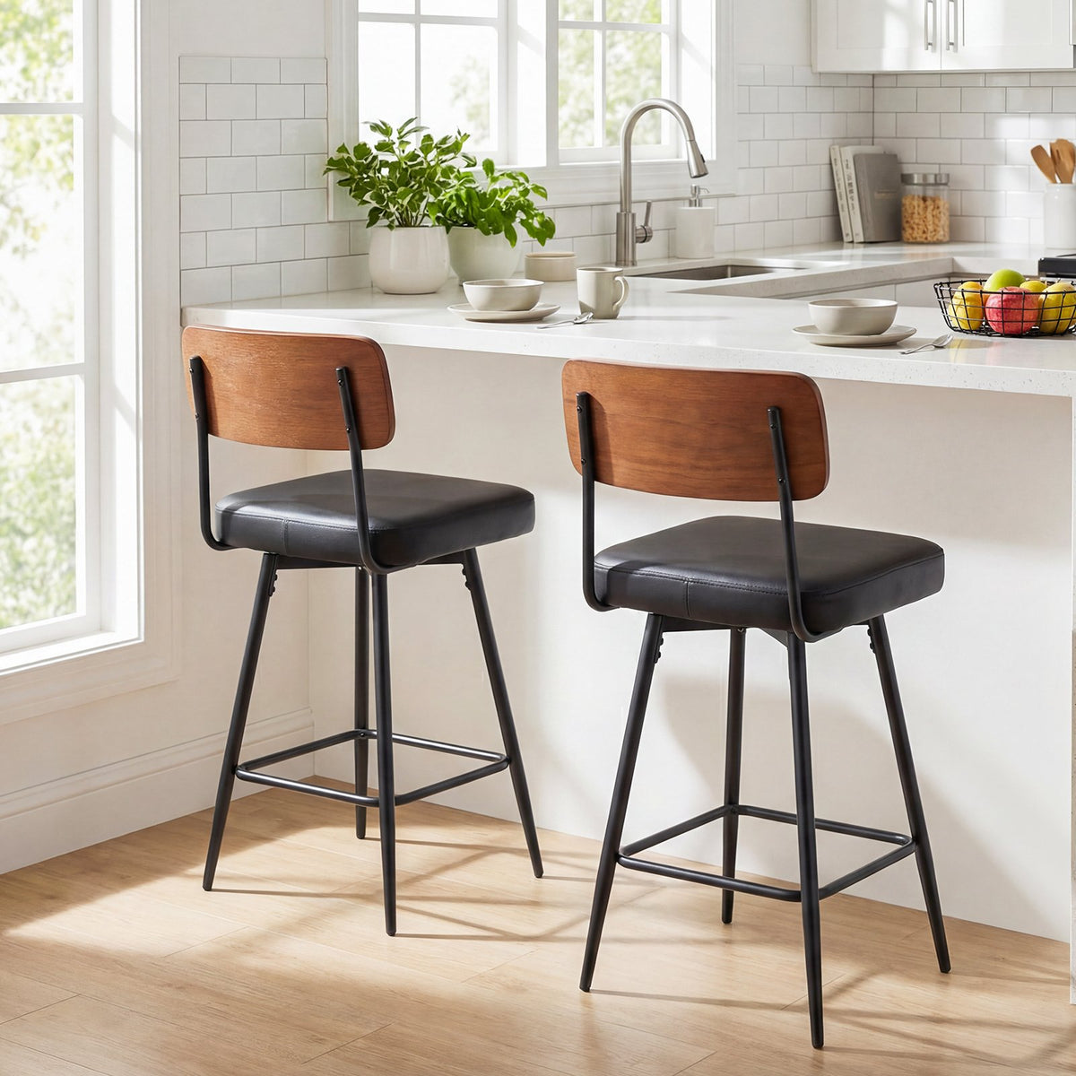 27 Inch Padded Counter Barstools Set of 2 with Metal Legs-Black view 3