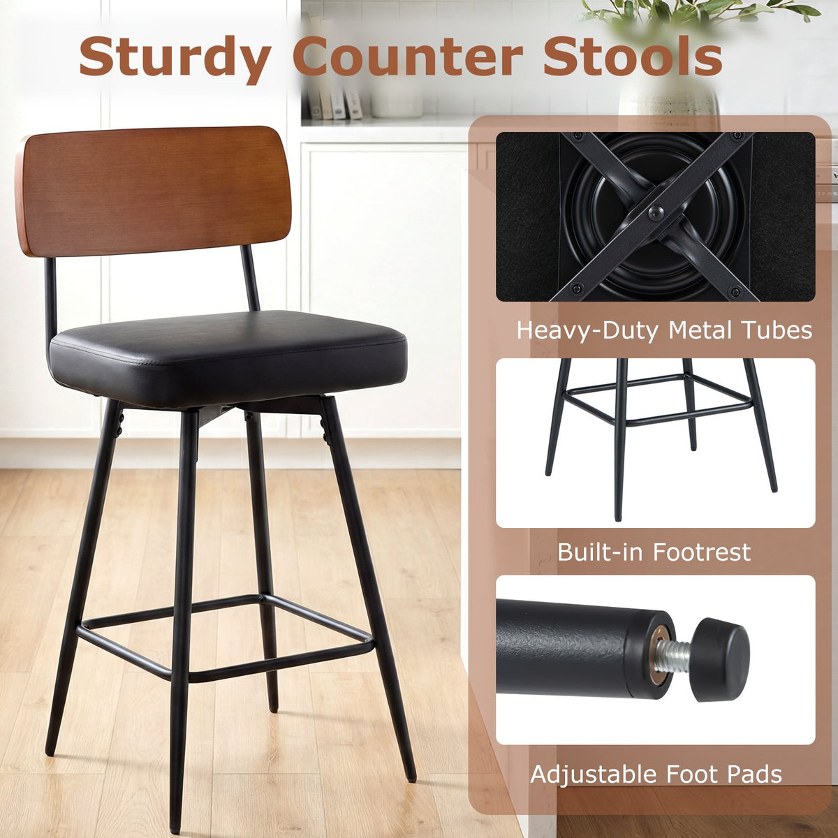 27 Inch Padded Counter Barstools Set of 2 with Metal Legs-Black view 9