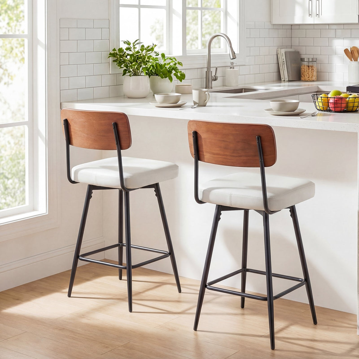 27 Inch Padded Counter Barstools Set of 2 with Metal Legs-White view 3