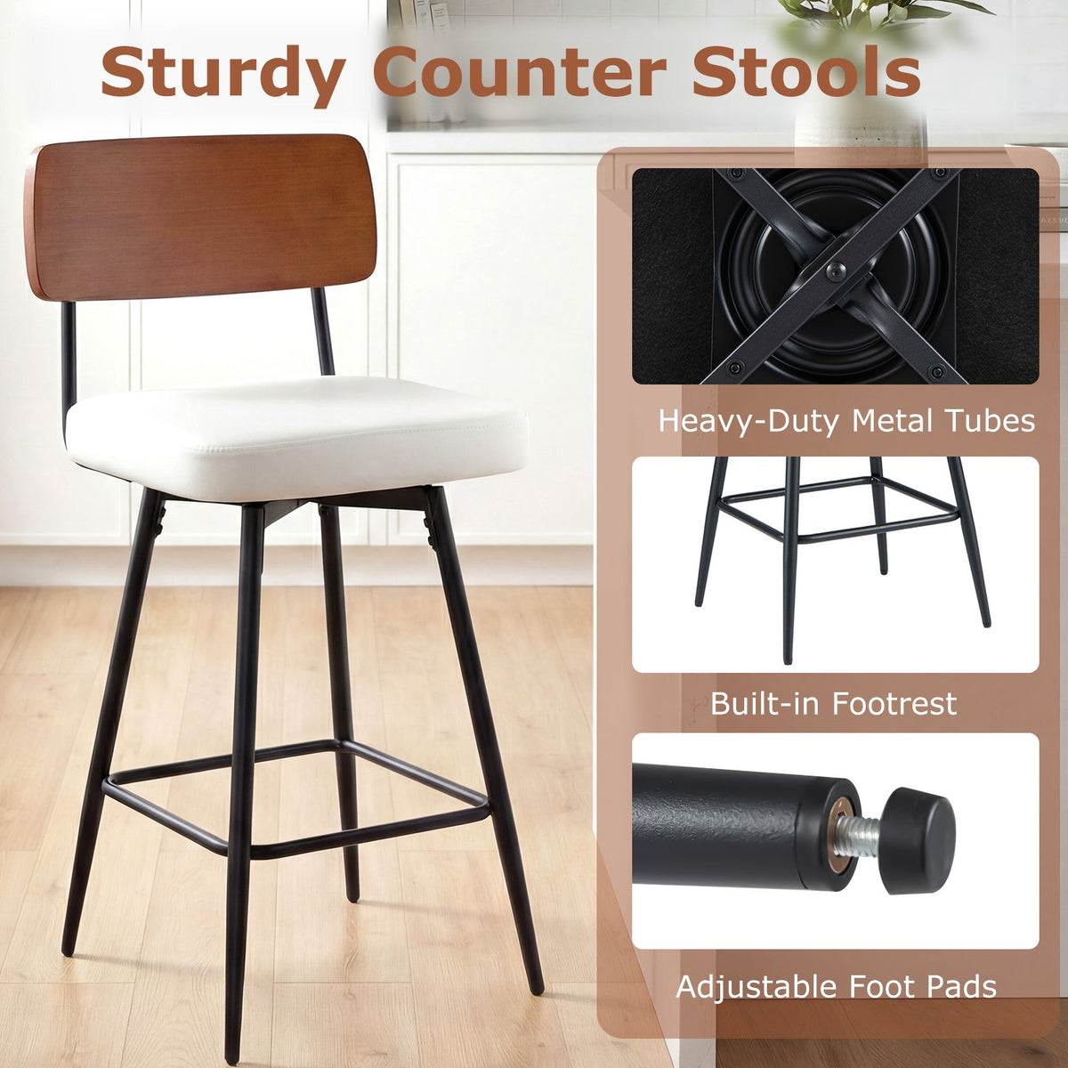 27 Inch Padded Counter Barstools Set of 2 with Metal Legs-White view 9