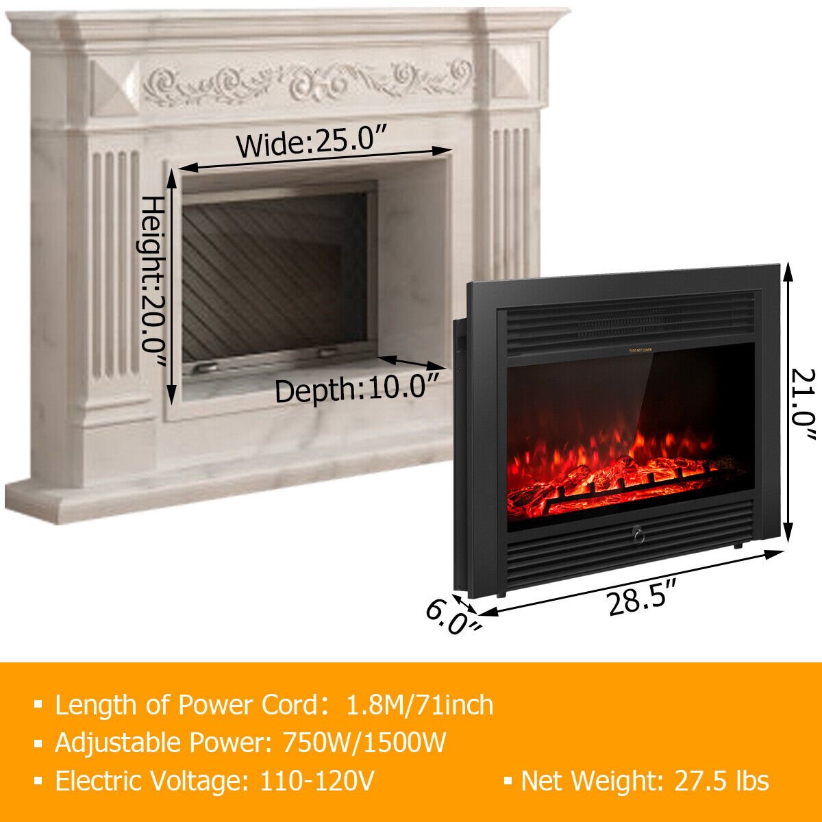 28.5 Inch Electric Fireplace Recessed with 3 Flame Colors view 5