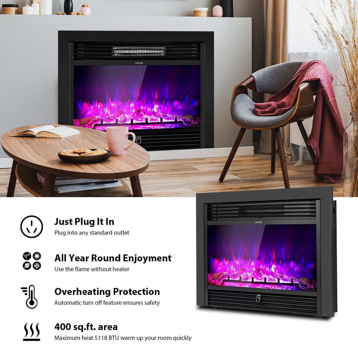 28.5 Inch Electric Fireplace Recessed with 3 Flame Colors view 8