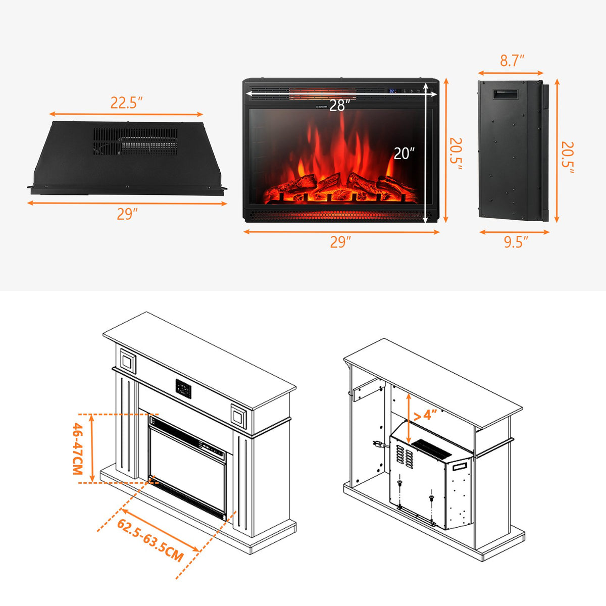 28 Inch Electric Freestanding and Recessed Fireplace with Remote view 4