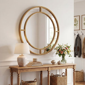28 Inch Gold Round Wall Mirror with Beaded Frame for Living Room Entryway-Golden view 2