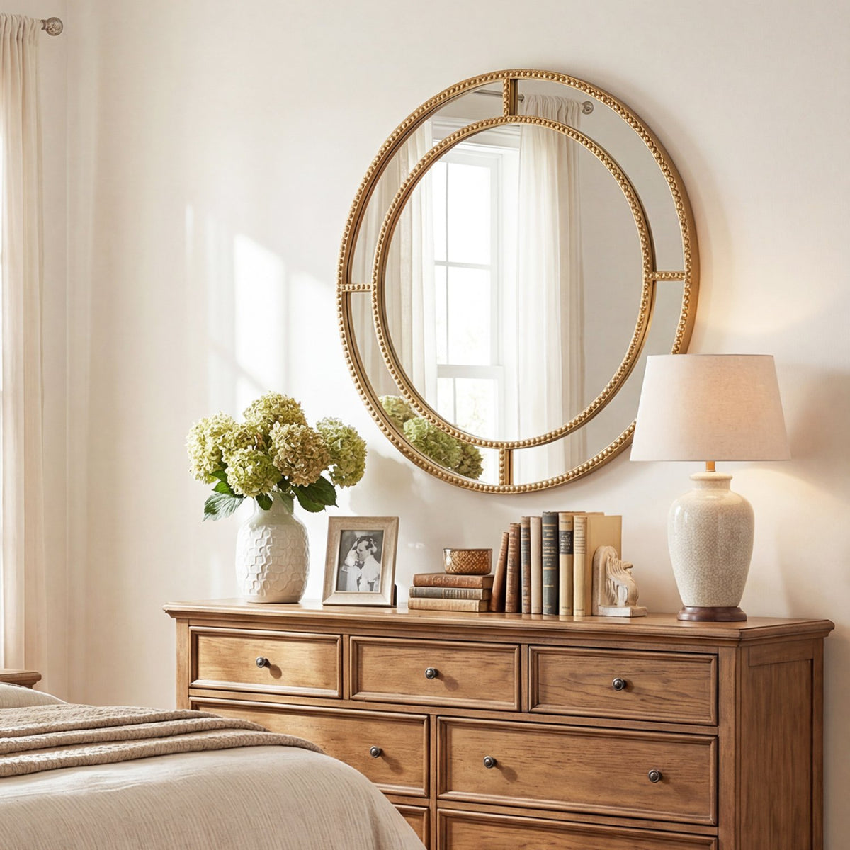 28 Inch Gold Round Wall Mirror with Beaded Frame for Living Room Entryway-Golden view 3