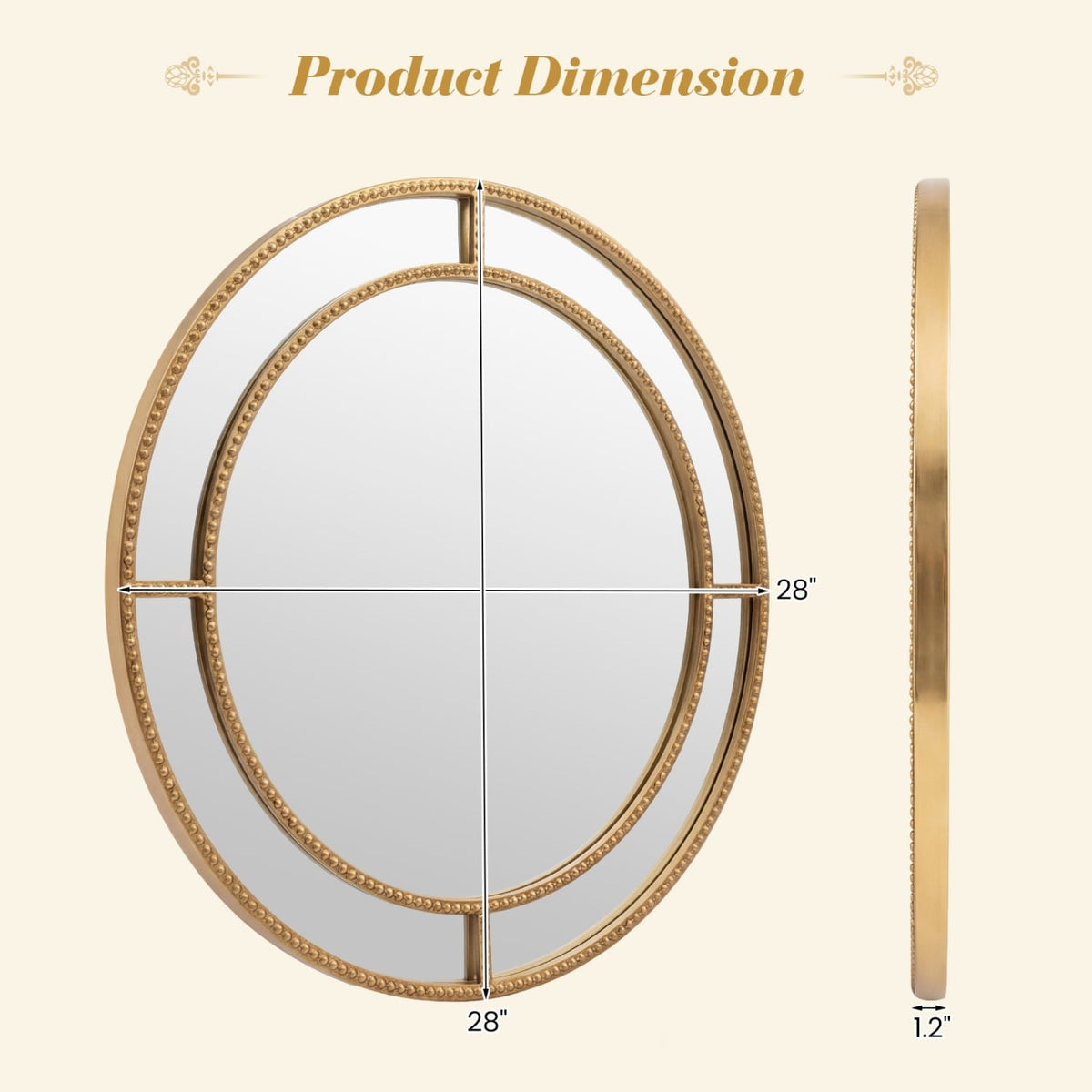 28 Inch Gold Round Wall Mirror with Beaded Frame for Living Room Entryway-Golden view 5