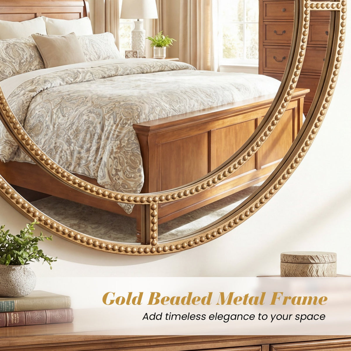 28 Inch Gold Round Wall Mirror with Beaded Frame for Living Room Entryway-Golden view 8