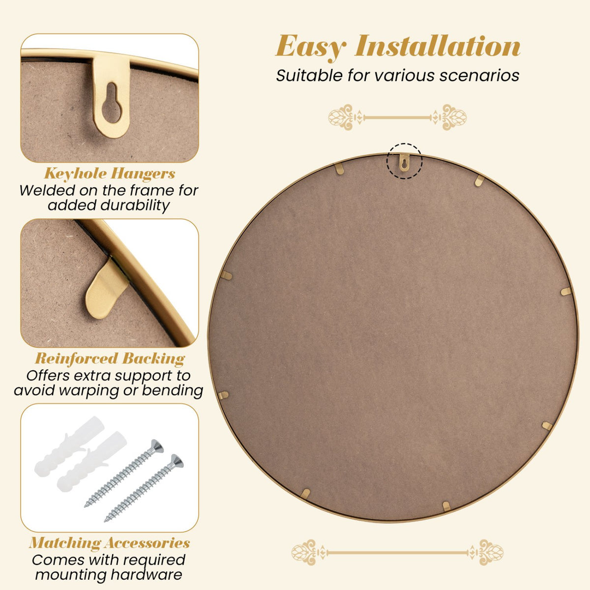 28 Inch Gold Round Wall Mirror with Beaded Frame for Living Room Entryway-Golden view 9