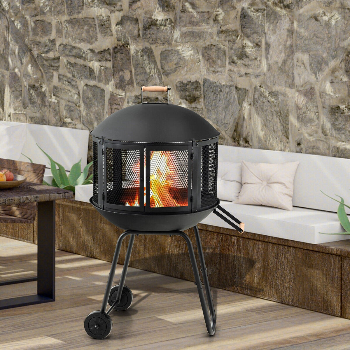 28 Inch Portable Fire Pit on Wheels with Log Grate-Black view 2