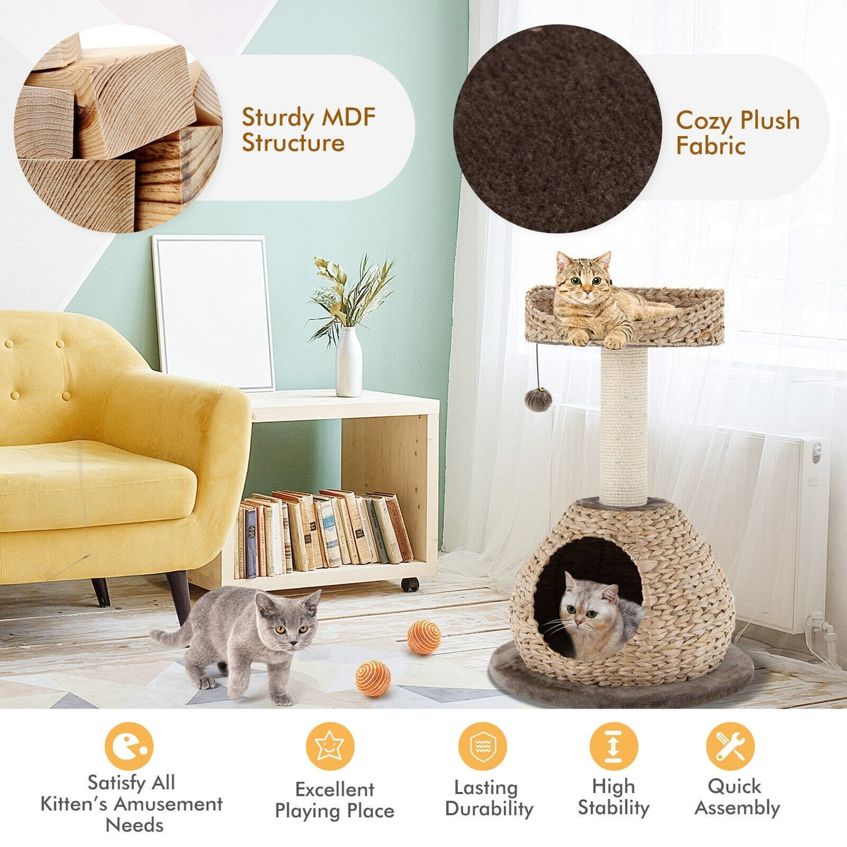 28 Inches Hand-Made Cat Tree Tower with Jump Platform-Coffee view 3