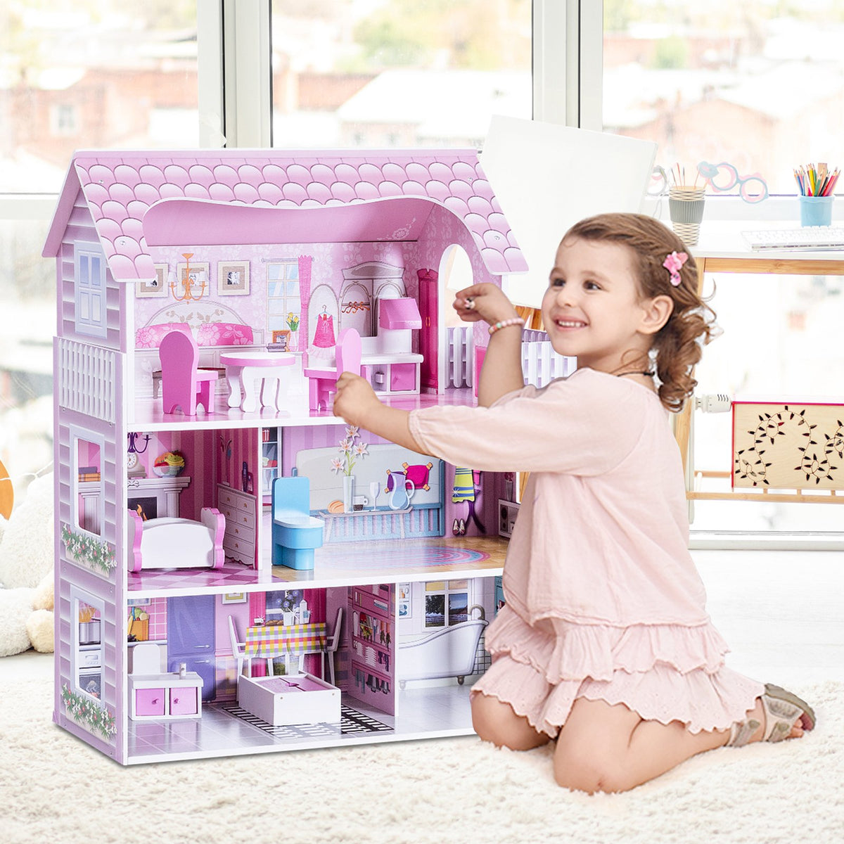 28 Inch Pink Dollhouse with Furniture view 2