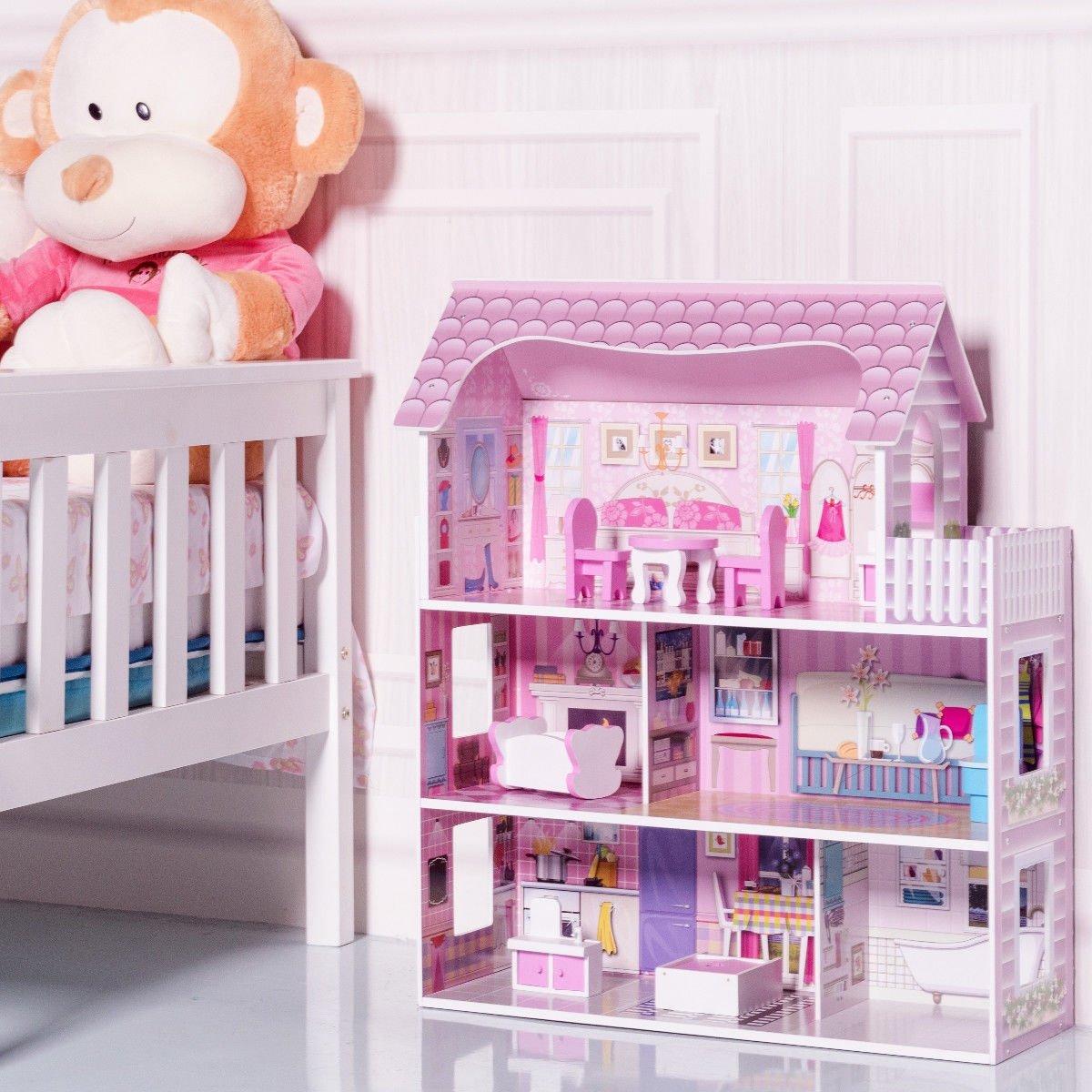 28 Inch Pink Dollhouse with Furniture view 6