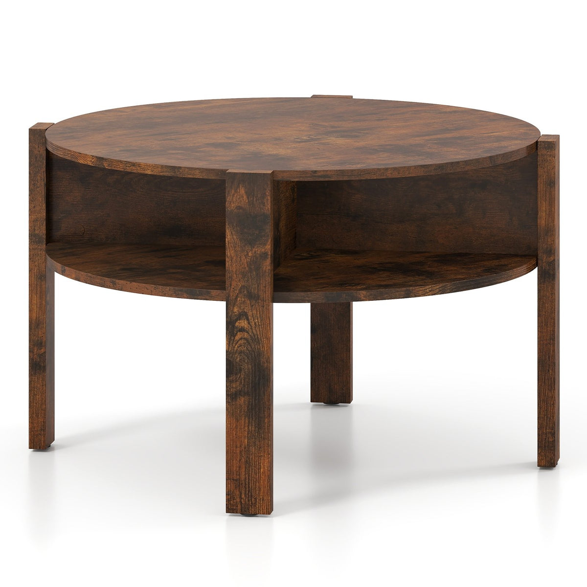 29.5 Inch Round Coffee Table with Storage Shelves for Small Space-Rustic Brown