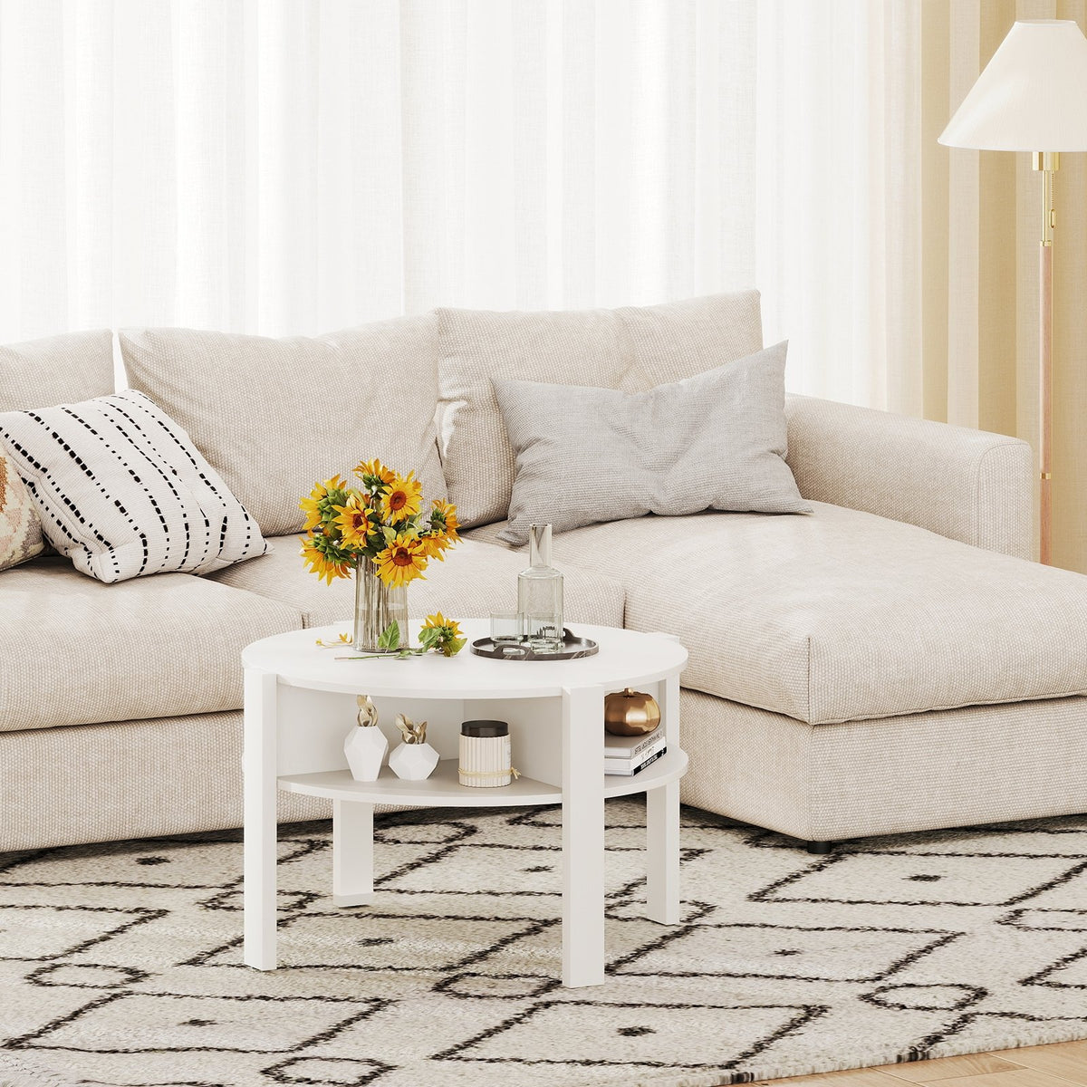 29.5 Inch Round Coffee Table with Storage Shelves for Small Space-White view 2