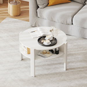 29.5 Inch Round Coffee Table with Storage Shelves for Small Space-White view 3