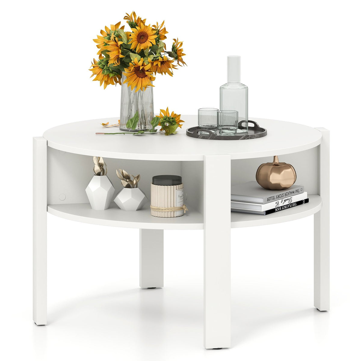 29.5 Inch Round Coffee Table with Storage Shelves for Small Space-White view 4